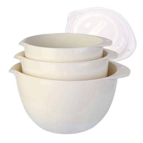 JCXivan 3 Plastic Mixing Bowls with Pour Spout,Lids and TPR Non-Slip Bottom,3Qt,2Qt,1.5Qt,Nesting Bowl Set for Kitchen Prep,Baking,Storage Food,Batter,BPA free,Dishwasher Safe,Easy to Grip,White