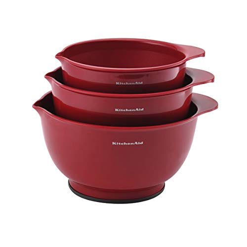 KitchenAid Universal Nesting Plastic Mixing Bowls, Set Of 3, 2.5 quart, 3.5 quart, 4.5 quart, Non Slip Base with Easy Pour Spout to Reduce Mess, Dishwasher Safe, Empire Red