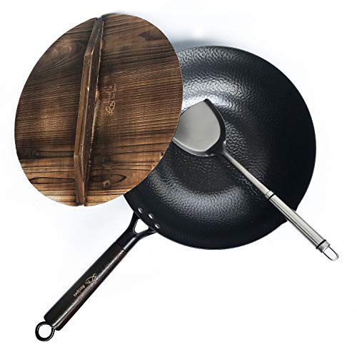 Souped Up Recipes Carbon Steel Wok For Electric, Induction and Gas Stoves (Lid, Spatula and User Guide Video Included)
