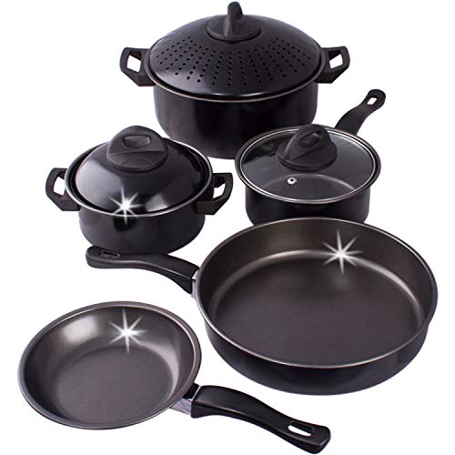8 pc Carbon Steel Pans & Pots Set - Kitchen Pasta Pot With Strainer Lid, Frying Pans, & Pots - Carbon Steel Cookware Set (Black)