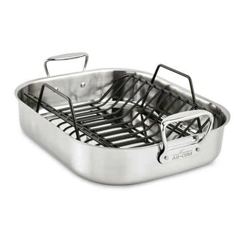 All-Clad Specialty Stainless Steel Roaster and Nonstick Rack 16x13x5 Inch Oven Broiler Safe 600F Roaster Pan, Pots and Pans, Bakeware, Turkey, Silver