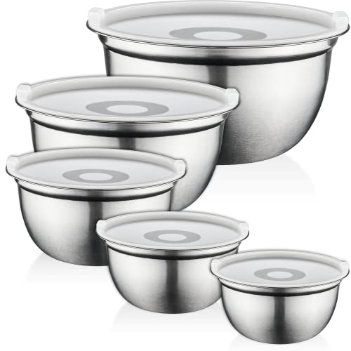 FINEDINE Mixing Bowls with Lids - 5 Deep Nesting Mixing Bowls for Kitchen Storage - Silver Stainless Steel Mixing Bowl Set - Large Mixing Bowl for Cooking Food, Baking, Breading, Salad or Meal Prep