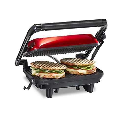 Hamilton Beach Panini Press Sandwich Maker & Electric Indoor Grill with Locking Lid, Opens 180 Degrees for any Thickness for Quesadillas, Burgers & More, Nonstick 8" x 10" Grids, Red (25462Z)
