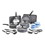 BELLA 21 Piece Cook Bake and Store Set, Kitchen Essentials for First or New Apartment, Assorted Non Stick Cookware, 9 Nylon Hassle-Free Cooking Tools, 5 Glass Storage Bowls w Lids, BPA & PFOA Free