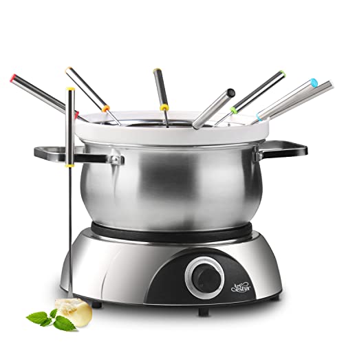 Artestia Electric Fondue Pot Set with Temperature Control Knob, Included 1QT Ceramic Chocolate Cheese Melting Pot with 2.6QT Stainless Steel Meat Fondue Pot, 8 Color-Coded Forks, Serve 8 Persons
