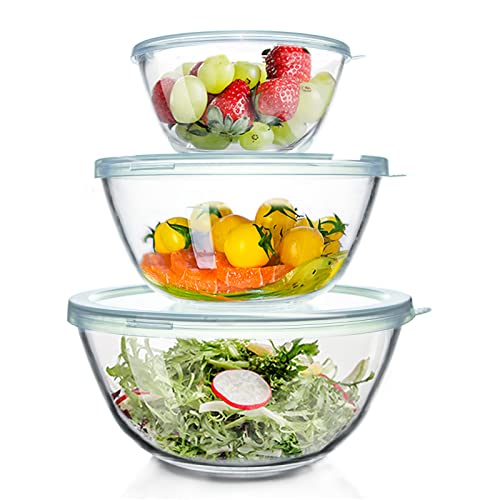WhiteRhino Glass Mixing Bowls with Lids Set of 3（4.5QT,2.7QT, 1.1QT, Large Kitchen Salad Bowls, Space-Saving Nesting Bowls, Round Glass Serving Bowls for Cooking,Baking,Prepping,Dishwasher Safe
