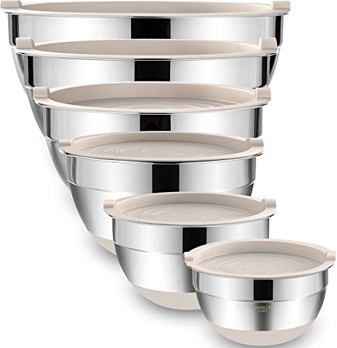 Umite Chef Mixing Bowls with Airtight Lids，6 piece Stainless Steel Metal Nesting Storage Bowls, Non-Slip Bottoms Size 7, 3.5, 2.5, 2.0,1.5, 1QT, Great for Mixing & Serving (Khaki)