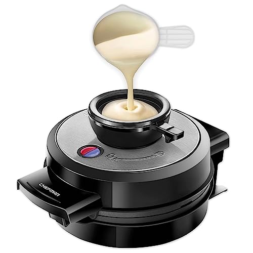 Chefman Perfect Pour Volcano Belgian Waffle Maker w/No Overflow Design Round Iron for Mess-Free Breakfast, Best Small Appliance Innovation Award Winner, Measuring Cup & Cleaning Tool Included, Black