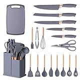 Kitchen Cooking Utensils & Knife Set with Block, Holder & Cutting Board Premium Silicone Utensils Stainless Steel Coated Knives 19 Piece Set, Gray