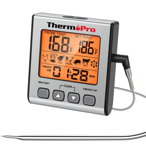 ThermoPro TP16S Digital Meat Thermometer for Cooking and Grilling, BBQ Food Thermometer with Backlight and Kitchen Timer, Grill Temperature Probe Thermometer for Smoker, Barbecue, Oven, Baking,Oil