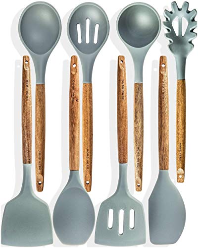 Silicone Cooking Utensils Kitchen Utensil set - 8 Natural Acacia Wooden Silicone Kitchen Utensils Set - Silicone Kitchen Ladles Set - Silicone Utensils Cooking Utensil Set - Kitchen Tools Gadgets