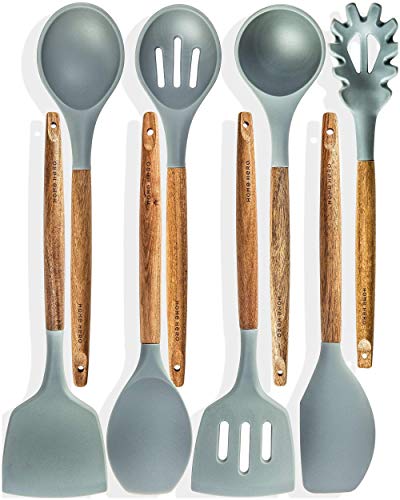 Home Hero Silicone Kitchen Utensils Set, Non-Stick Silicone Cooking Utensils Set with Spatula, Wooden Handle Spatula, Silicone Kitchen Gadgets Utensil Set (8 Pcs - Gray)