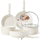 CAROTE 11pcs Pots and Pans Set, Nonstick Cookware Detachable/Removable Handle, Induction RV Kitchen Set, Oven Safe, Cream White