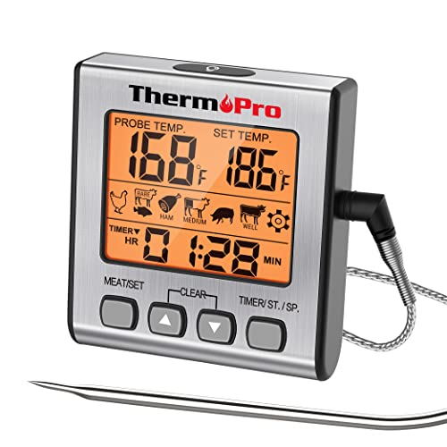 ThermoPro TP16S Digital LCD Meat Thermometer for Cooking and Grilling, BBQ Food Thermometer with Backlight and Kitchen Timer, Grill Temperature Probe Thermometer for Smoker, Barbecue, Oven, Cookware