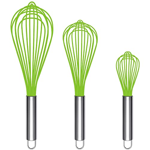 TEEVEA Silicone Whisk,Non Stick Kitchen Whisks for Cooking,Stainless Steel Metal Wire Silicone Rubber Coated Wisk,Heat Resistant & Non Scratch,Perfect for Eggs,Bread Wisking Tool Set of 3,Green