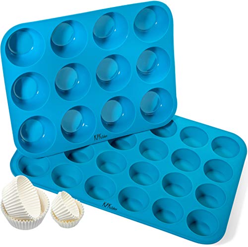 Silicone Muffin Pan & Cupcake Baking Set - Non Stick, BPA Free & Dishwasher Safe Silicon Bakeware Pans/Tins - Blue Top Home Kitchen Rubber Trays & Molds - Free Recipe eBook (12 & 24 Cup Set)