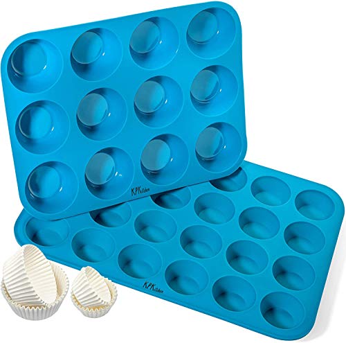Silicone Muffin Pan & Mini Cupcake Baking Set (12 & 24 Cup) - Non Stick Mini Muffin Tin - BPA Free & Dishwasher Safe Silicon Bakeware Pans/Tins - Rubber Trays & Molds - Free Recipe eBook & Muffin Cups