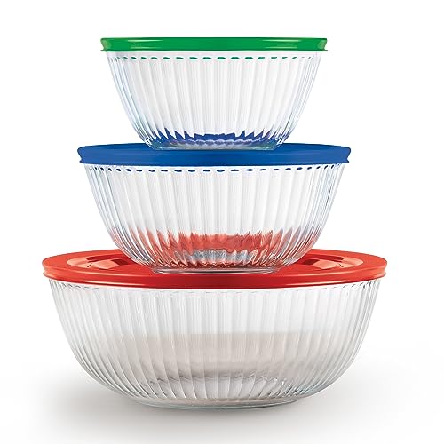 Pyrex Sculpted 3-Pack Glass Mixing Bowls (1.3 QT, 2.3 QT, 4.5 QT) with BPA-Free Lids, Prepping and Baking Food Storage Set, Dishwasher, Microwave and Freezer Safe