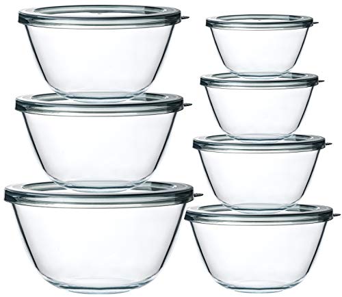 Glass Salad Bowls with Lids-14-Piece Set, Salad Bowls with BPA- Free Lids, Space Saving Nesting Bowls - for Meal Prep, Food Storage, Serving Bowls -Glass bowl For Cooking, Baking