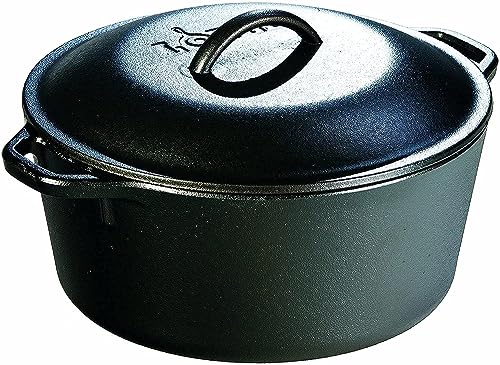 Lodge L8DOLKPLT Cast Iron Dutch Oven with Dual Handles, Pre-Seasoned, 5-Quart,Black