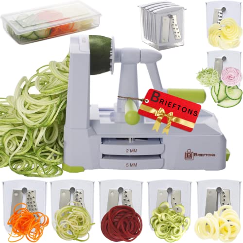 Brieftons 7-Blade Vegetable Spiralizer: Strongest-Heaviest Spiral Slicer, Best Veggie Pasta Spaghetti Maker for Low Carb/Paleo/Gluten-Free Meals, With Container, Lid, Blade Caddy & 4 Recipe Ebooks