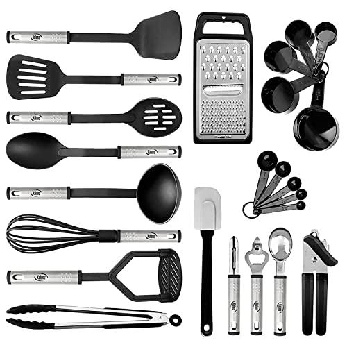 Kitchen Utensil Set 24 Nylon and Stainless Steel Utensil Set, Non-Stick and Heat Resistant Cooking Utensils Set, Kitchen Tools, Useful Pots and Pans Accessories and Kitchen Gadgets (Black)