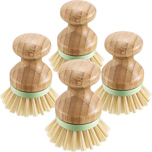 4 Pieces Bamboo Mini Scrub Brush Coconut Bristles Pot Brushes Dish Scrubber for Cast Iron Skillet, Kitchen Sink, Bathroom, Household Cleaning (Style A)