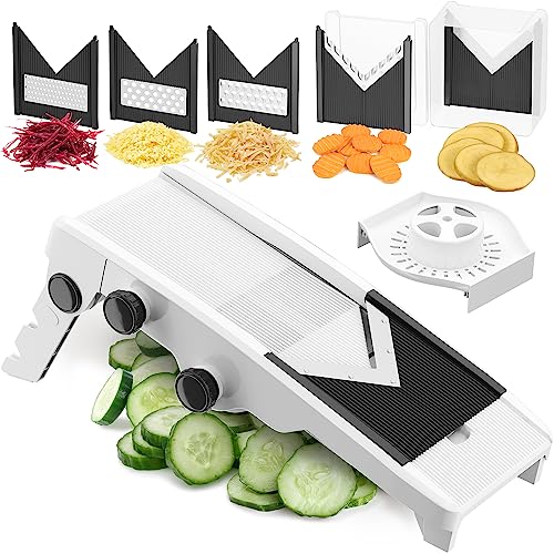 Mueller V-Pro 5-Blade Mandoline Slicer for Kitchen, Adjustable with Foldable Stand, Fruit, Vegetable Chopper, Cheese Grater, Fast Meal Prep, Dishwasher Safe, White