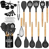 Umite Chef Kitchen Cooking Utensils Set, 33 pcs Non-stick Silicone Cooking Kitchen Utensils Spatula Set with Holder, Wooden Handle Silicone Kitchen Gadgets Utensil Set (Black Gray)