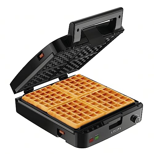 Krups Breakfast Set Stainless Steel Waffle Maker 4 Section 1200 Watts Square, 5 Browning Levels, Removable Plates, Dishwasher Safe, Belgium Waffle Silver and Black