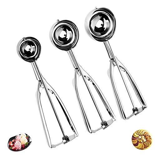 Cookie Scoop Set,JSDOIN Ice Cream Scoop Set, 3 PCS 18/8 Stainless Steel Ice Cream Scoop Trigger Include Large-Medium-Small Size, Melon Scoop (cookie scoop)