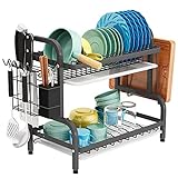 1Easylife Dish Drying Rack, 2-Tier Compact Kitchen Dish Rack Drainboard Set, Large Rust-Proof Dish Drainer with Utensil Holder, Cutting Board Holder for Kitchen Counter Tableware Organizer