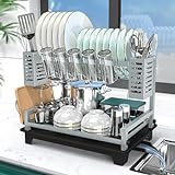 B-Land Dish Drying Rack, 2 Tier Dish Racks for Kitchen Counter, Large Dish Drying Rack with Drainboard & Utensil Holders, Rust-Proof Dish Drainers,Kitchen Organization