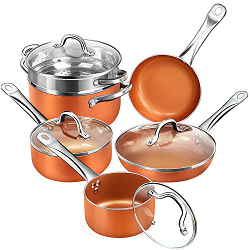 SHINEURI 10 Pieces Copper Cookware Nonstick Pots and Pans Set, Copper Pans and Pots, Stockpots Nonstick Ceramic Aluminum Cookware Sets