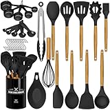 Umite Chef Kitchen Cooking Utensils Set, 33 pcs Non-Stick Utensils Spatula Set with Holder, Black Wooden Handle Silicone Kitchen Gadgets