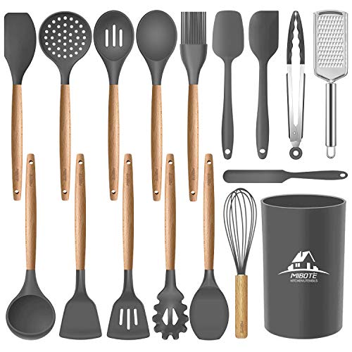 MIBOTE 17 Pcs Silicone Cooking Kitchen Utensils Set with Holder, Wooden Handles Silicone Turner Tongs Spatula Spoon Kitchen Gadgets Utensil Set for Nonstick Cookware (Grey)