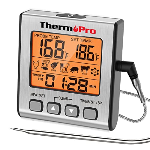 ThermoPro TP16S Digital Meat Thermometer for Cooking and Grilling, BBQ Food Thermometer with Backlight and Kitchen Timer, Grill Temperature Probe Thermometer for Smoker, Barbecue, Oven, Baking,Oil