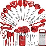 Kitchen Utensils Set- Umite Chef 34 PCs Cooking Utensils with Grater, Spoon Spatula, Heat Resistant Food Grade Silicone, Stainless Steel Handles Kitchen Gadgets Tools Set for Nonstick Cookware(Red)